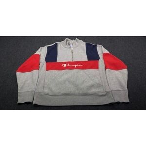 Champion Reverse Weave Sweatshirt Mens Medium Grey Red Colorblock Quarter Zip